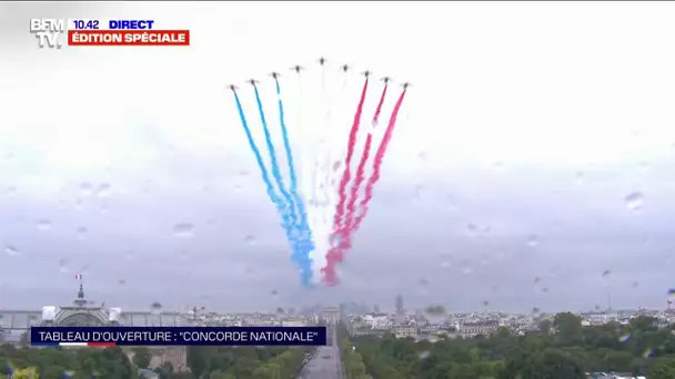 14-Juillet: la patrouille de France déploie son emblématique panache de fumée bleu-blanc-rouge