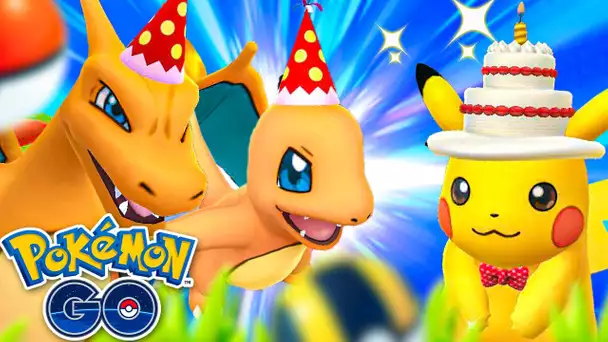 LES 6 ANS DE POKÉMON GO - Pikachu d'anniversaire, Salamèche festif  et Dracaufeu festif !