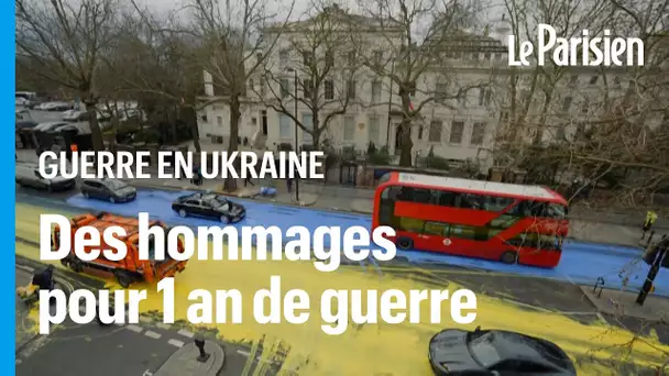 Le monde en jaune et bleu après un an de guerre en Ukraine