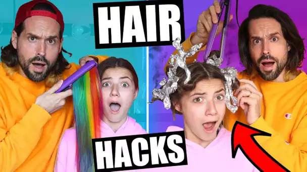 JE TESTE DES HAIR HACKS TIKTOK AVEC MA NIÈCE - (la coloration arc-en-ciel était de trop? 😱 😂) - HUBY