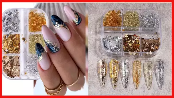 Eseres Nail Foil 3D Sparking Gold Flakes for Nails 6 Grids Metallic Nail Glitter for Nail Art Design