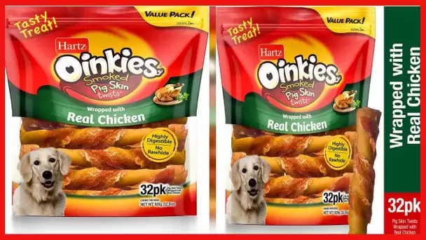 Hartz Oinkies Dog Treats Smoked Pig Skin Twists Wrapped with Real Chicken, 32 Count
