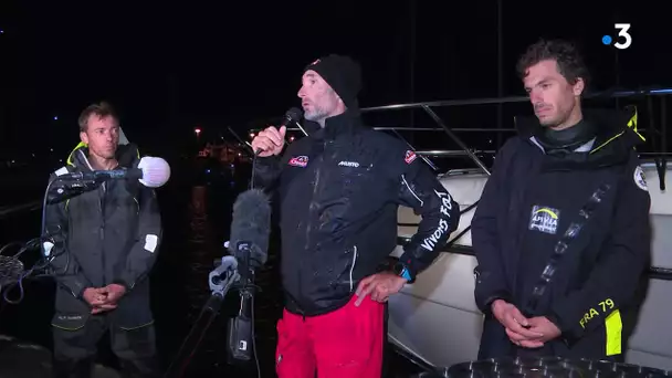 Arrivée et réactions des trois premiers skippers du Vendée Arctique les Sables d'Olonne 2020