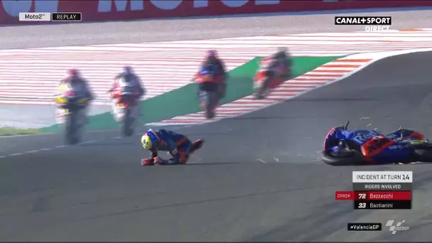 Chute de Marco Bezzecchi après un contact avec Enea Bastianini