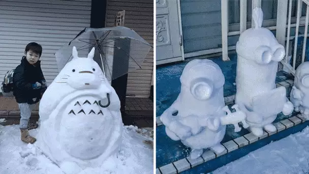 Il neige à Tokyo, les habitants font des bonhommes de neige insolites !