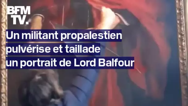 Un militant propalestinien pulvérise et taillade un portrait de Lord Balfour