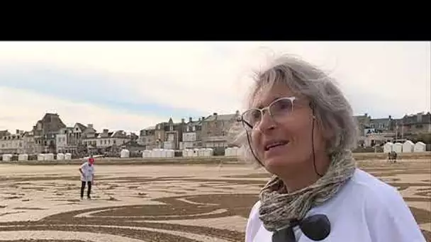 Fresque géante sur la plage de Saint-Aubin-sur-Mer en hommage au Débarquement