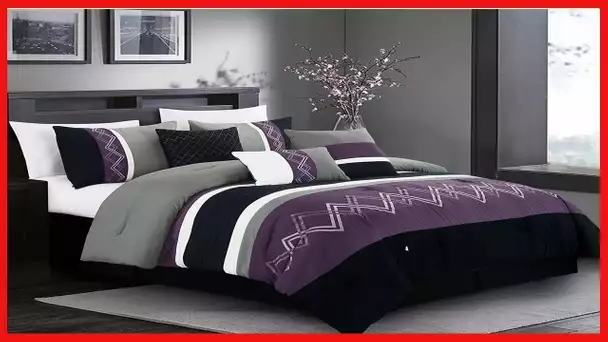 Chezmoi Collection Arden 7-Piece Modern Pleated Stripe Embroidered Zigzag Bedding Comforter Set