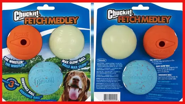 Chuckit! Fetch Ball Medley, Medium, Dog Ball, 3 Pack, Whistler, Max Glow, and Rebounce Balls
