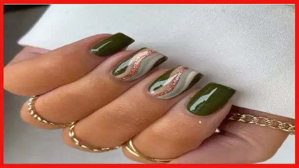 KXAMELIE Green Swirl Press on Nails Short Glitter Sequins Short Coffin Fake Nails With Nail Glue