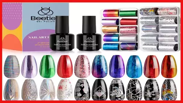 Beetles Nail Foil Glue Kit, 15ML 2 Bottles Tranfer Glue Gel with 20PCS Metal Holographic Flower