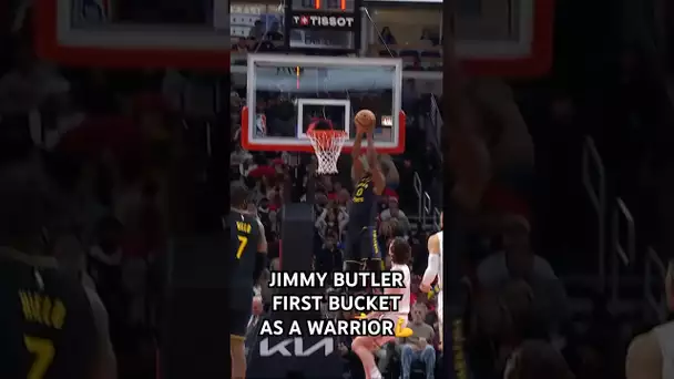 Jimmy Butler gets up for his first basket as a Warrior