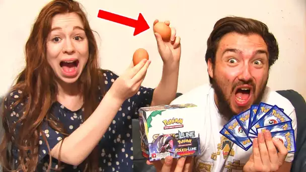 OEUF CHALLENGE en COUPLE !! Ouverture d&#039;un Display Pokémon SOLEIL et LUNE GARDIENS ASCENDANTS !