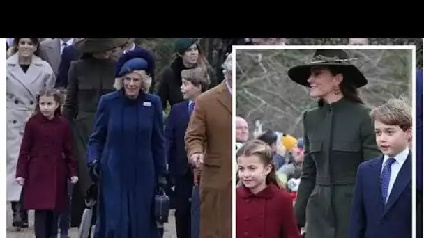 Cheeky Charlotte sourit à la foule alors qu'elle marche devant maman Kate avant le service de Noël