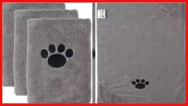 Bone Dry Pet Grooming Towel Collection Absorbent Microfiber Drying Set, 15x30, Embroidered Gray