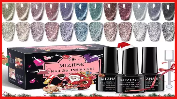 MIZHSE Reflective Glitter Cat Eye Gel Nail Polish 7ml, Sparkly Diamond Cateye Soak Off Gel Polish