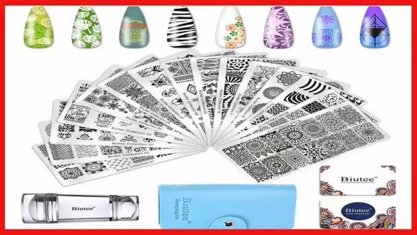 Biutee 19pcs Nail Stamp Plates Set 15 Plate 1Stamper 2Scraper 1storage Bag Nails Art Stamping Plate