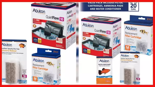 Aqueon QuietFlow 10 Filter, 4 Medium Filter Cartridges, 5 Ammonia Pads and Water Conditioner Bundle