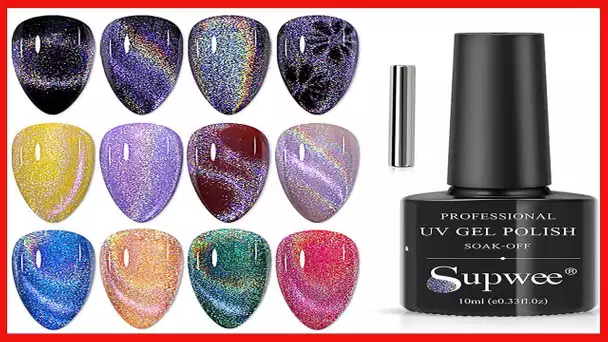 SUPWEE Universal Rainbow Cat Eye Gel Polish Holographic 9D Cat Eye Nail Polish Sparkle Nail Gel