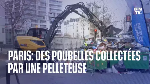 À Paris, des poubelles accumulées sont collectées par une pelleteuse