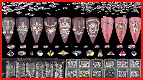Warmfits AB Crystal Rhinestones Set, 1840pcs Rhinestones Nail Art Set Nail Gems Iridescent Clear