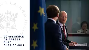 Conférence de presse du Président Emmanuel Macron et du Chancelier allemand Olaf Scholz à Berlin.