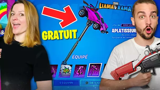 ON DEBLOQUE DES NOUVEAUX OBJETS GRATUITS SUR FORTNITE ROCKET LEAGUE LLAMA RAMA ! FORTNITE DUO FR