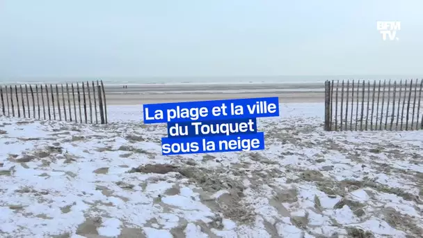 La plage et la ville du Touquet recouvertes d'une pellicule de neige