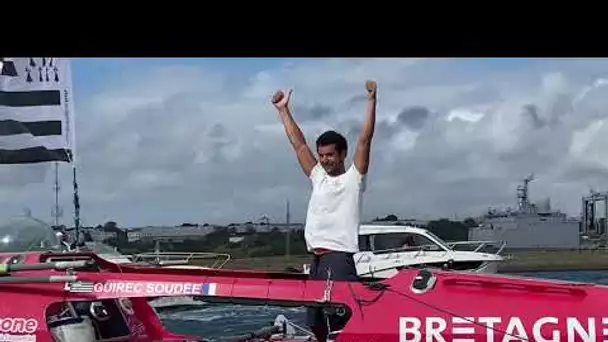 Guirec Soudée.Son arrivée sur le port de Brest après sa traversée à la rame de l'Atlantique Nord