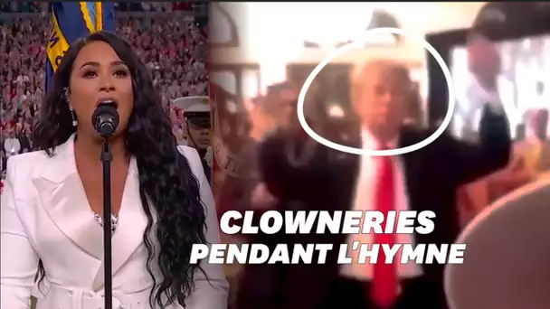 Donald Trump agité et mimant l'hymne américain le soir du superbowl