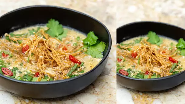 Recette simple et rapide - Soupe aux oeufs, crispy enoki