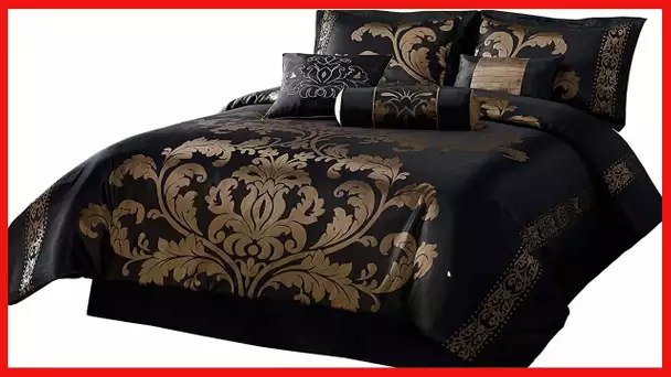 Chezmoi Collection 7-Piece Jacquard Floral Comforter Set/Bed-in-a-Bag Set, King, Black Gold