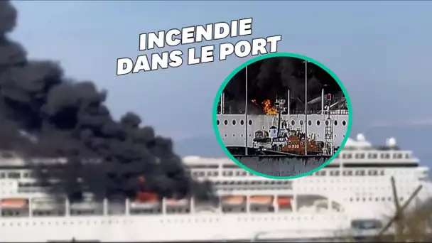 Un bateau de croisière en feu dans le port de Corfou