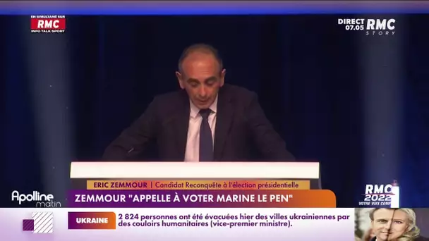 Présidentielle : Éric Zemmour appelle à voter Marine Le Pen
