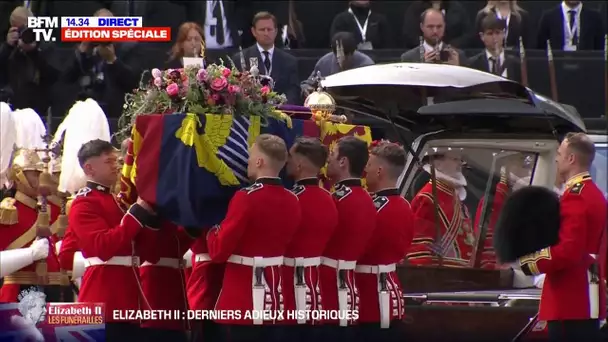 Funérailles d'Elizabeth II: arrivé à Wellington Arch, le cercueil placé dans le corbillard royal