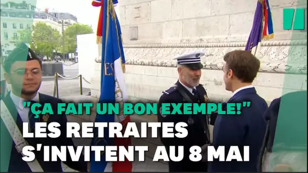 Ce porte-drapeau fait référence à la réforme des retraites et fait sourire Macron
