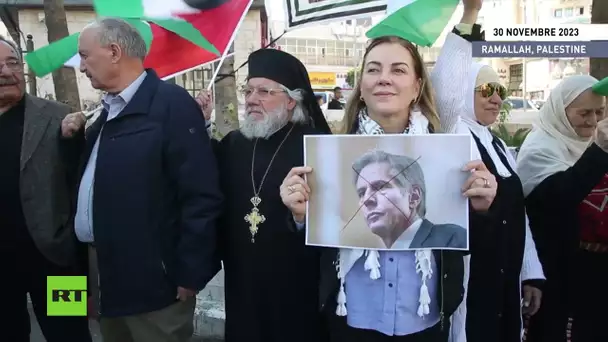 Des Palestiniens manifestent contre la visite du secrétaire d'État américain Anthony Blinken