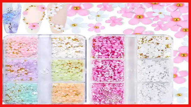 3D Flower Nail Charms, 2 Boxes 3D Acrylic Flower Nail Art Rhinestones White Pink Mixed Cherry