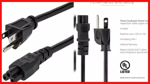 StarTech.com 6ft (1.8m) Laptop Power Cord, NEMA 1-15P to C5 (Mickey Mouse), 10A 125V, 18AWG Laptop