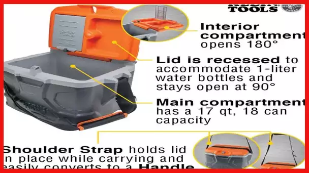 Klein Tools 55600 Work Cooler, 17-Quart Lunch Box Holds 18 Cans, Keeps Cool 30 Hours, Seats 300 Lb