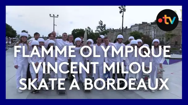 Flamme olympique à Bordeaux : Vincent Milou en démonstration sur le skate park des Chartrons