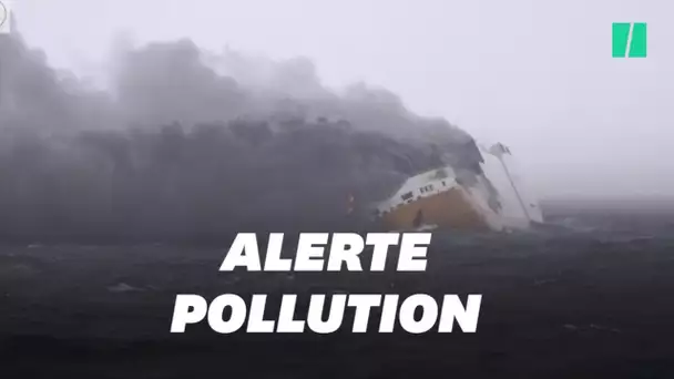 Les images du navire dont le naufrage menace de pollution la côte française