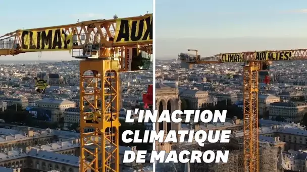 Greenpeace déploie une banderole sur une grue de Notre-Dame à 80m de hauteur