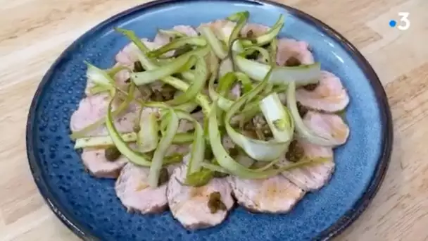 RECETTE #43 - Carpaccio de rôti de veau, asperges et câpres frits - Fabrice Mignot