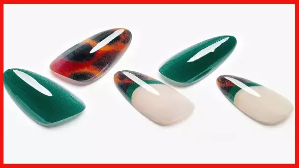 Short Almond Press on Nails French Tips Nails, Dark Green Brown Amber Fake Nails with Design Medium