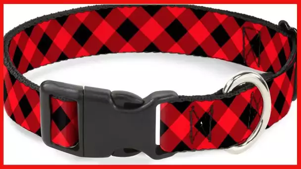 Buckle-Down Dog Collar Plastic Clip Diagonal Buffalo Plaid Black Red