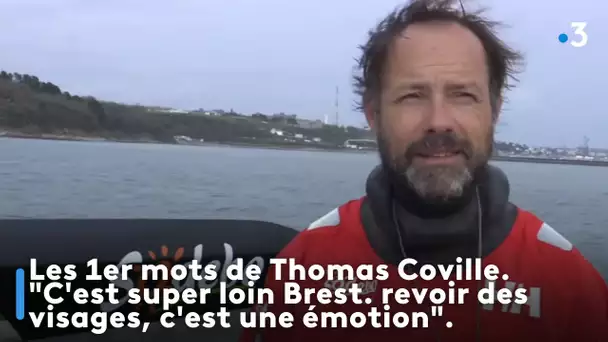 Les 1er mots de Thomas Coville. "C'est super loin Brest. revoir des visages, c'est une émotion".