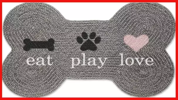 Bone Dry DII Braided Pet Mat Collection 100% Cotton, Bone Shape, Gray Eat Play Love