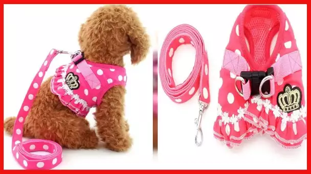 SELMAI Small Dog Harness Pink Leash Set Ladies Polka Dot Vest Dress Mesh Padded Lead for Pet Cat Pup