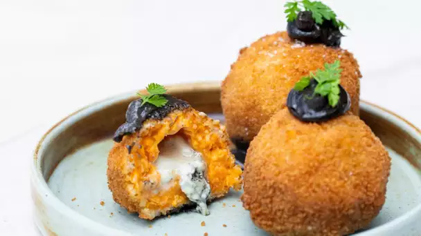 Recette facile et gourmande - Croquette de patate douce au gorgonzola, black mayonnaise